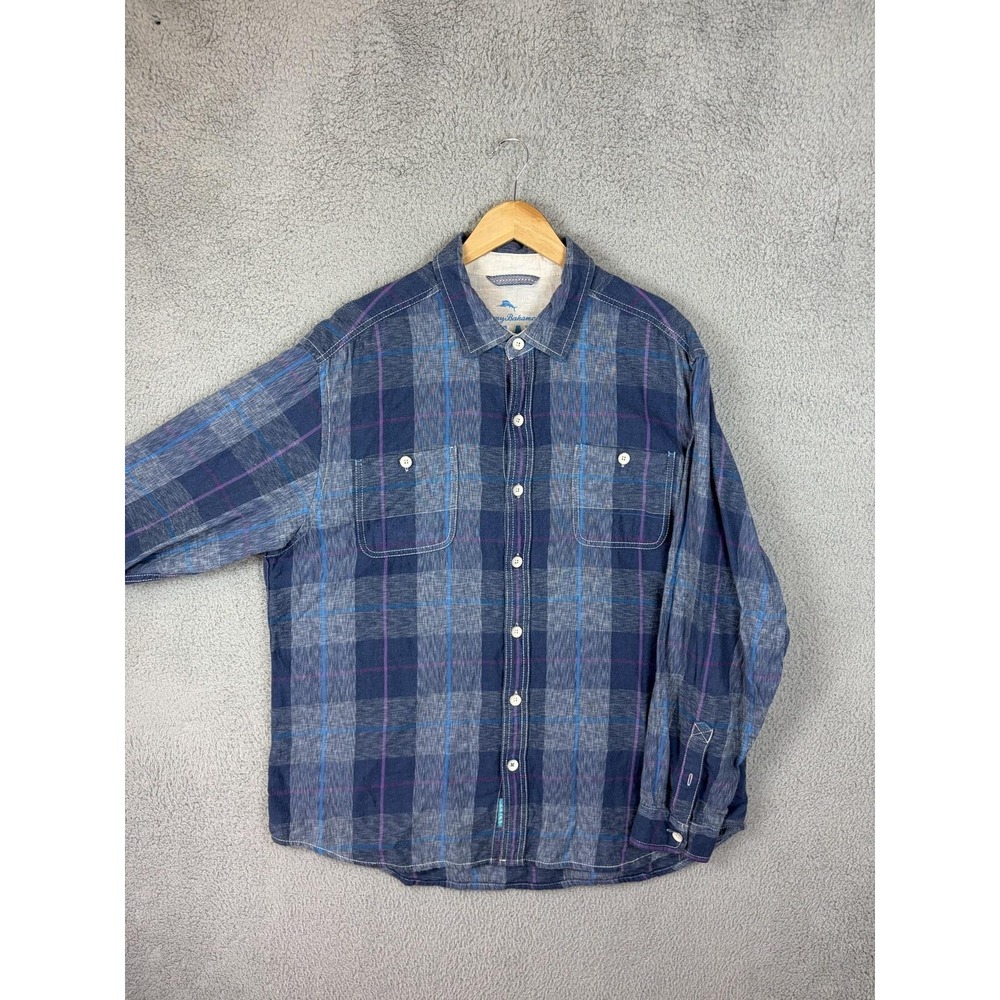 Tommy Bahama Shirt Mens XL Blue Plaid Cotton Long Sleeve Button Front Casual Men